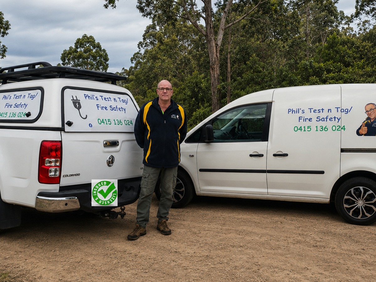 Phil with branded Test n Tag and Fire Safety vehicles